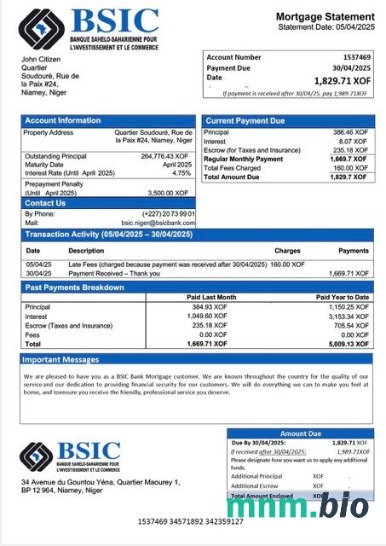 Niger BSIC Bank wyciąg z kredytu hipotecznego szablon Word i PDF